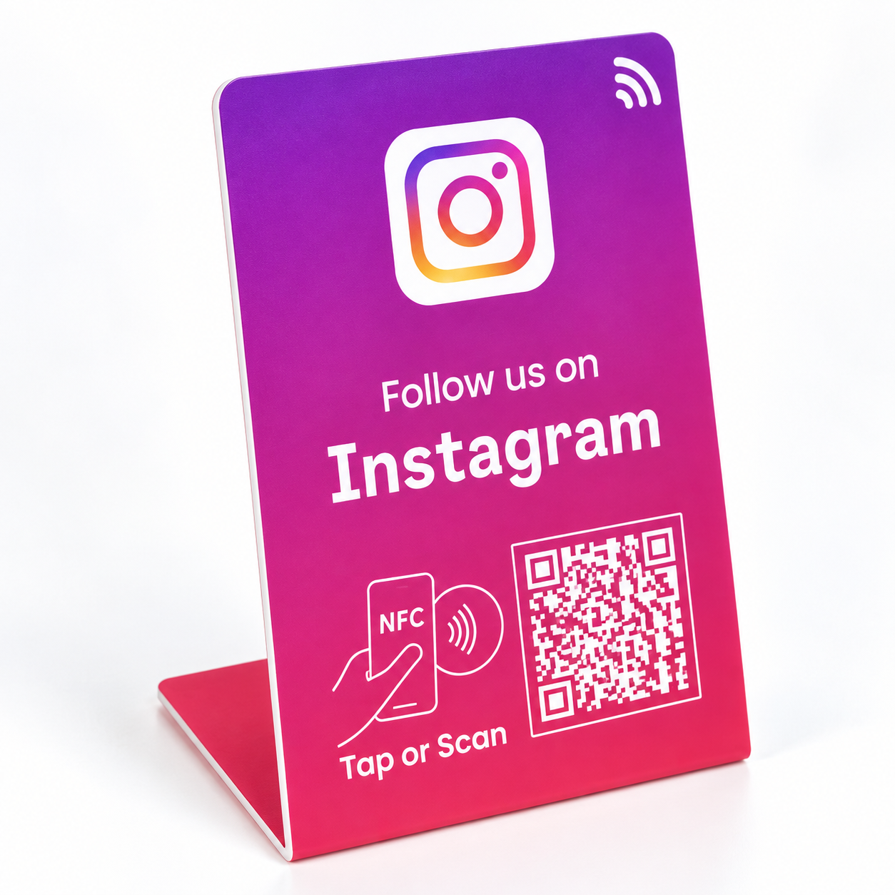 Tarjeta de mesa de Instagram en degradado morado y magenta, con NFC y código QR